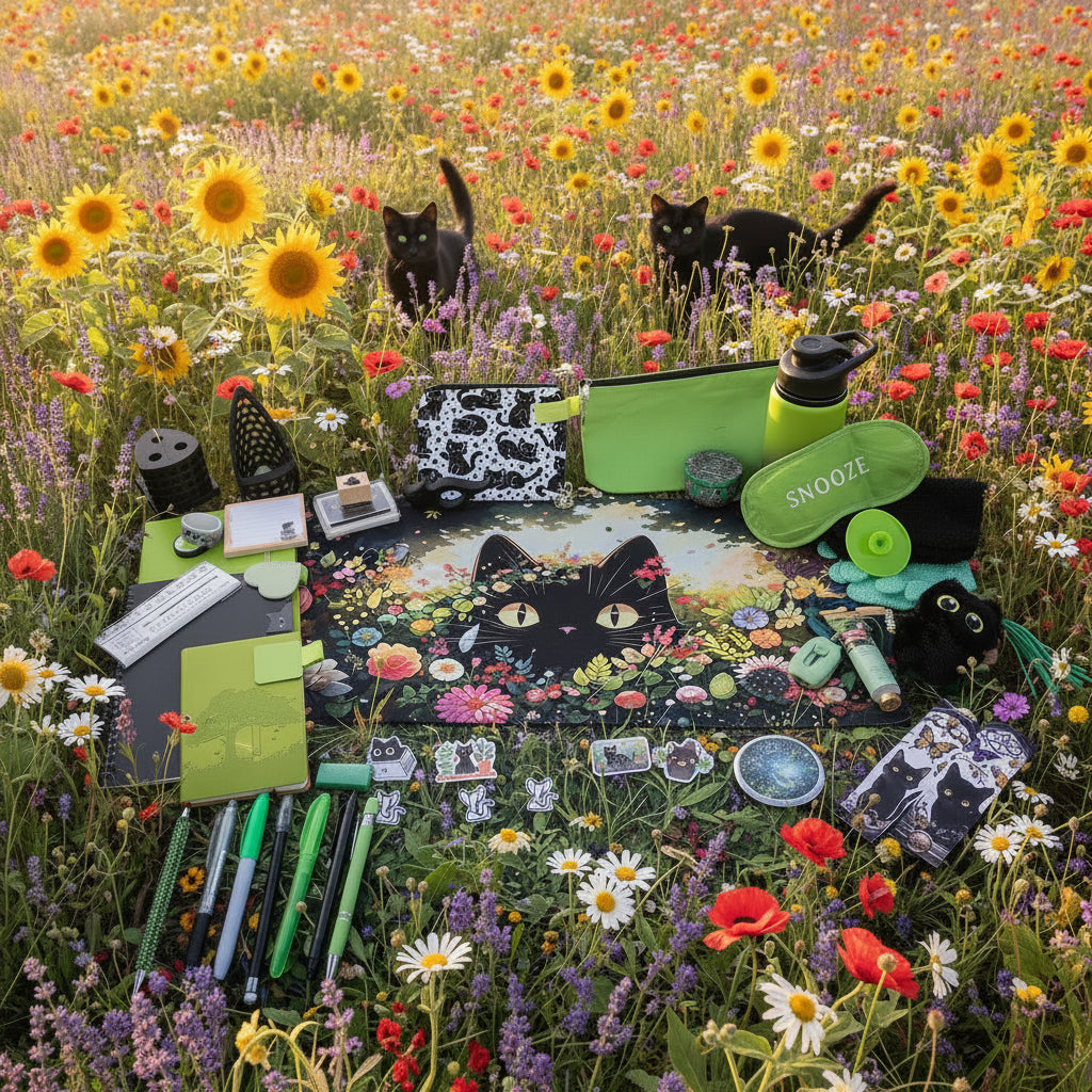 A curated flat-lay collection of green and black cat-themed stationery and accessories arranged on a white table against a white wall. The set includes a large central mousepad with a colorful black cat illustration, several notebooks and pens, a green pouch, a water bottle, an eye mask, stickers, and small plush and accessory items.