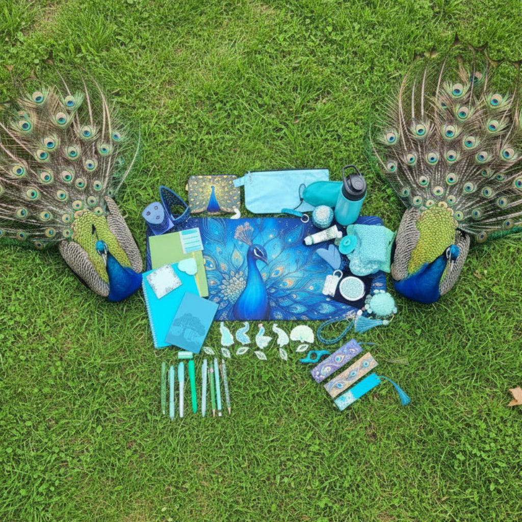 A collection of teal, blue, and green peacock-themed stationery and accessories arranged on a white table, including a large peacock print mouse pad, notebooks, pens, pouches, a water bottle, and small decorative items.