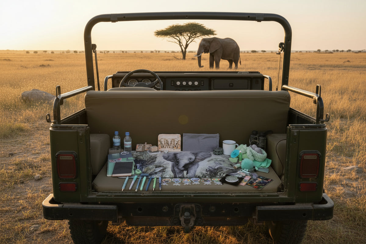 A styled desk setup featuring a large rectangular mousepad or desk mat with a detailed illustration of an elephant in a jungle, surrounded by various stationery items, plush toys, and small accessories under a desk lamp.