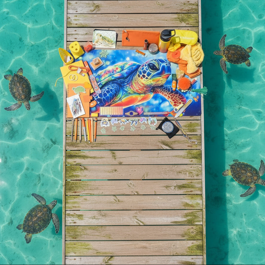 A colorful craft kit displayed on a white table under a light box. The kit includes a large blue and orange sea turtle graphic sheet, markers, stickers, a yellow hair dryer attachment, orange sponges, a yellow bottle, and other small craft supplies.
