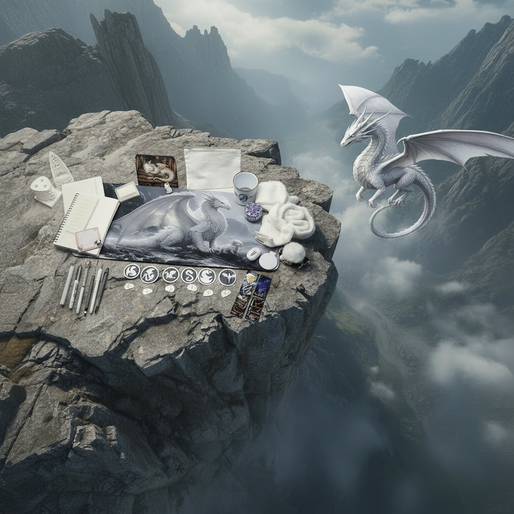A styled desk setup featuring a large dragon-themed mousepad with a grayscale dragon design, surrounded by various desk accessories including pens, sticky notes, a mug, a pouch, and a small notebook on a white desk.