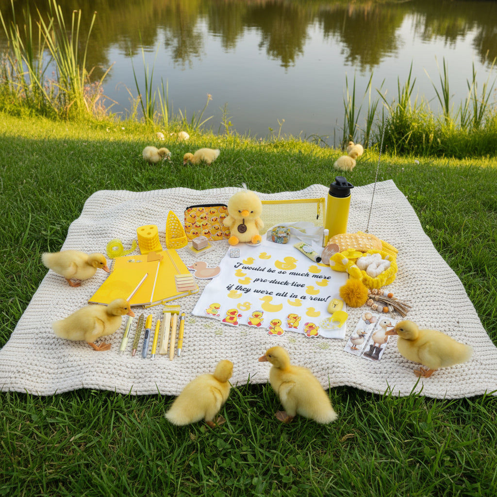 A coordinated duck-themed stationery and plush set arranged on a tabletop. The set includes a yellow duck plush, yellow notebook, yellow pens, duck-shaped stickers, a duck print fabric sheet with text, a yellow pencil case, a yellow pencil holder, a yellow water bottle, and other small duck accessories.