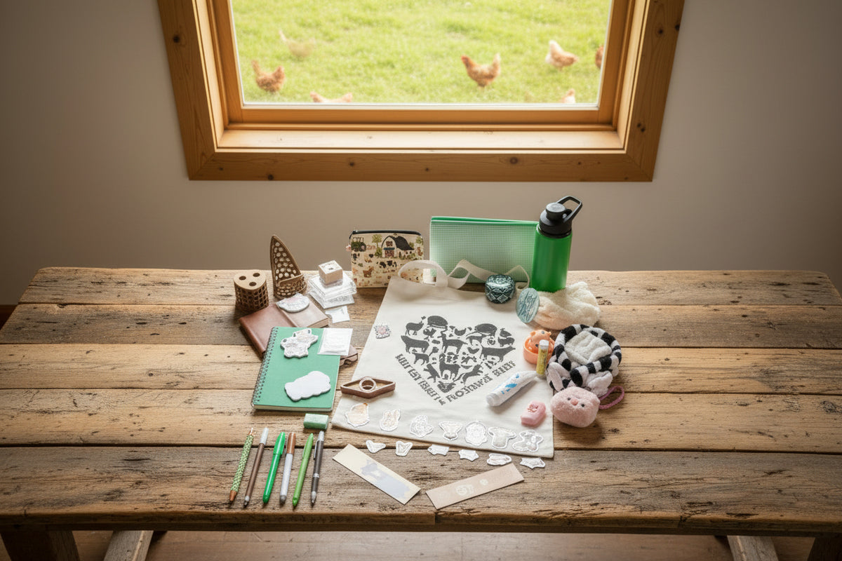 A styled flat-lay collection of various stationery and lifestyle accessories on a white desk, featuring a central white canvas tote bag with black cow illustrations and the text 'HAVE YOU HERD? I FLOCKING heart MOO!', surrounded by pens, a green notebook, a green water bottle, a patterned pencil case, and plush toys.