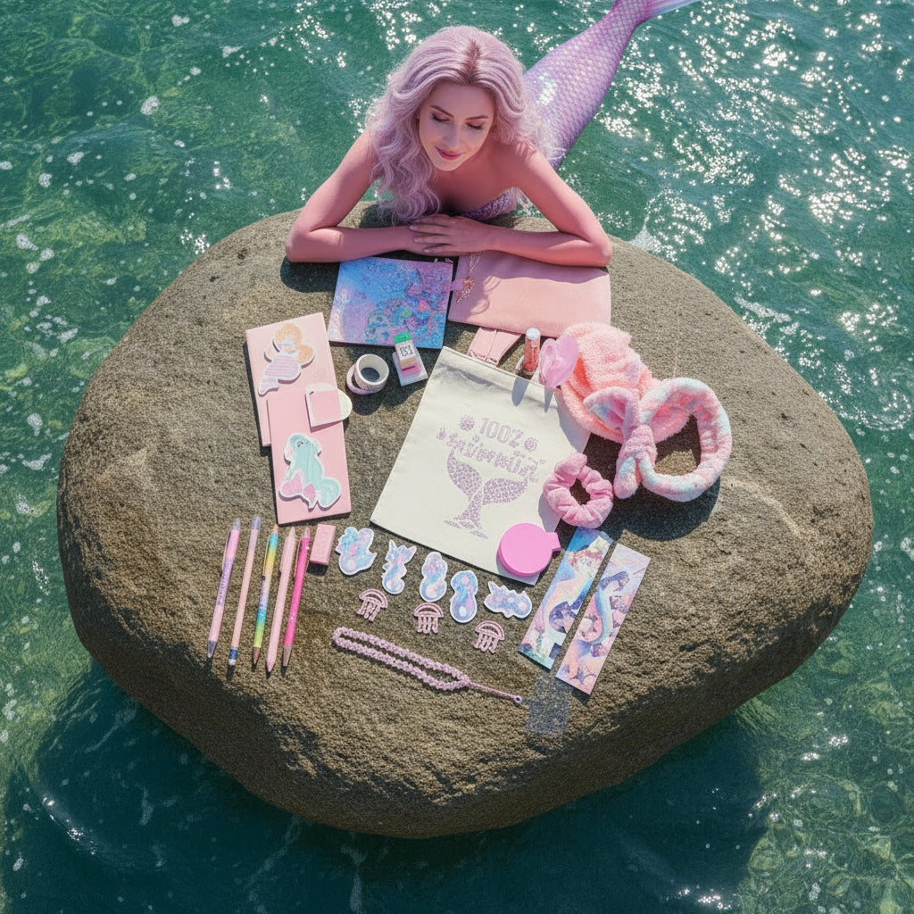A flat lay of a pink mermaid-themed stationery and accessory set on a white surface, including pens, stickers, a pouch, a tote bag, a plush headband, and printed cards.