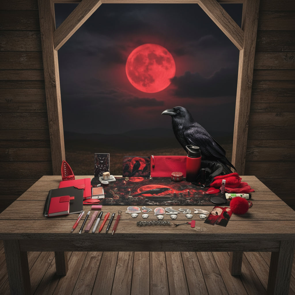 A gothic-themed stationery and accessory bundle arranged on a white tabletop. The set includes a large black and red raven-and-moon desk mat, red and black notebooks, multiple pens, a red water bottle, a black bag, red gloves, stickers, a keychain, and other small accessories.