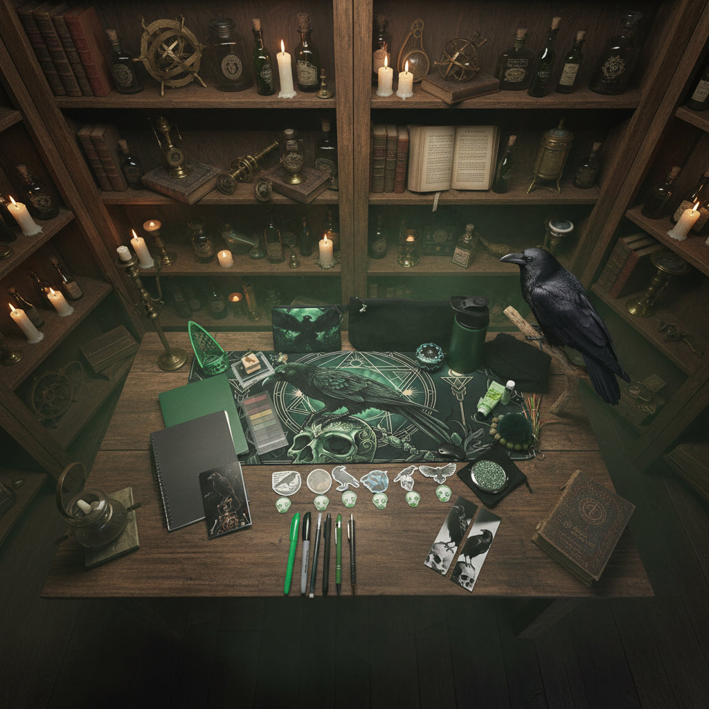 A collection of themed merchandise laid out on a white table, featuring gothic and occult designs with crows, skulls, and green magical symbols. The set includes a large playmat, notebooks, pens, stickers, bookmarks, a green tumbler, and a black pouch.