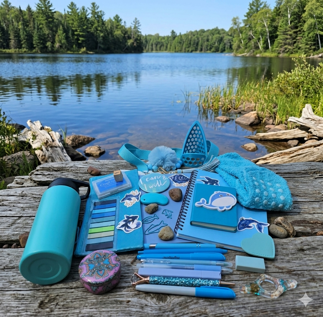 Collection of blue stationery items on a wooden dock by a lake with trees in the background