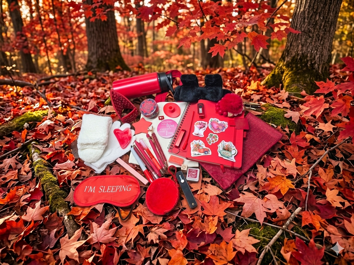 Assorted items including a sleep mask, red cup, and stationery on autumn leaves in a forest.