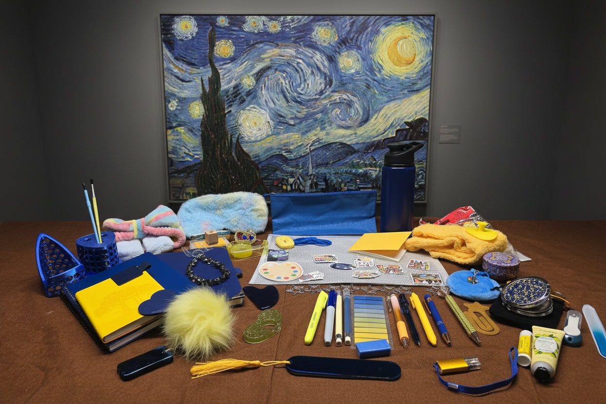 Bookish bundle in Blues and yellows in front of Van Gogh's Starry Night