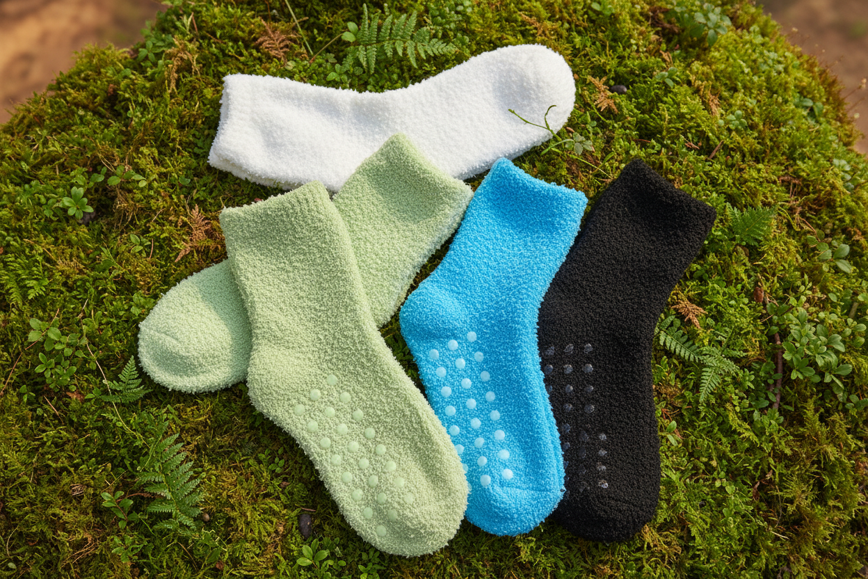 Comfy fuzzy socks arranged on moss