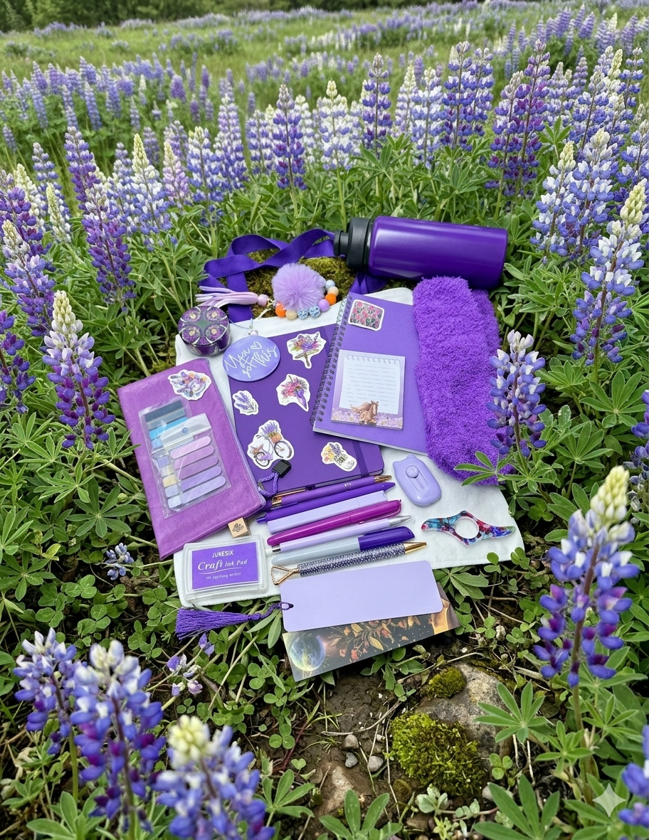 Purple stationery items on a grassy field with purple flowers