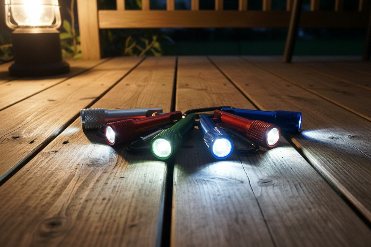 Mini LED flashlights of different colors on a wooden deck at night with soft lighting