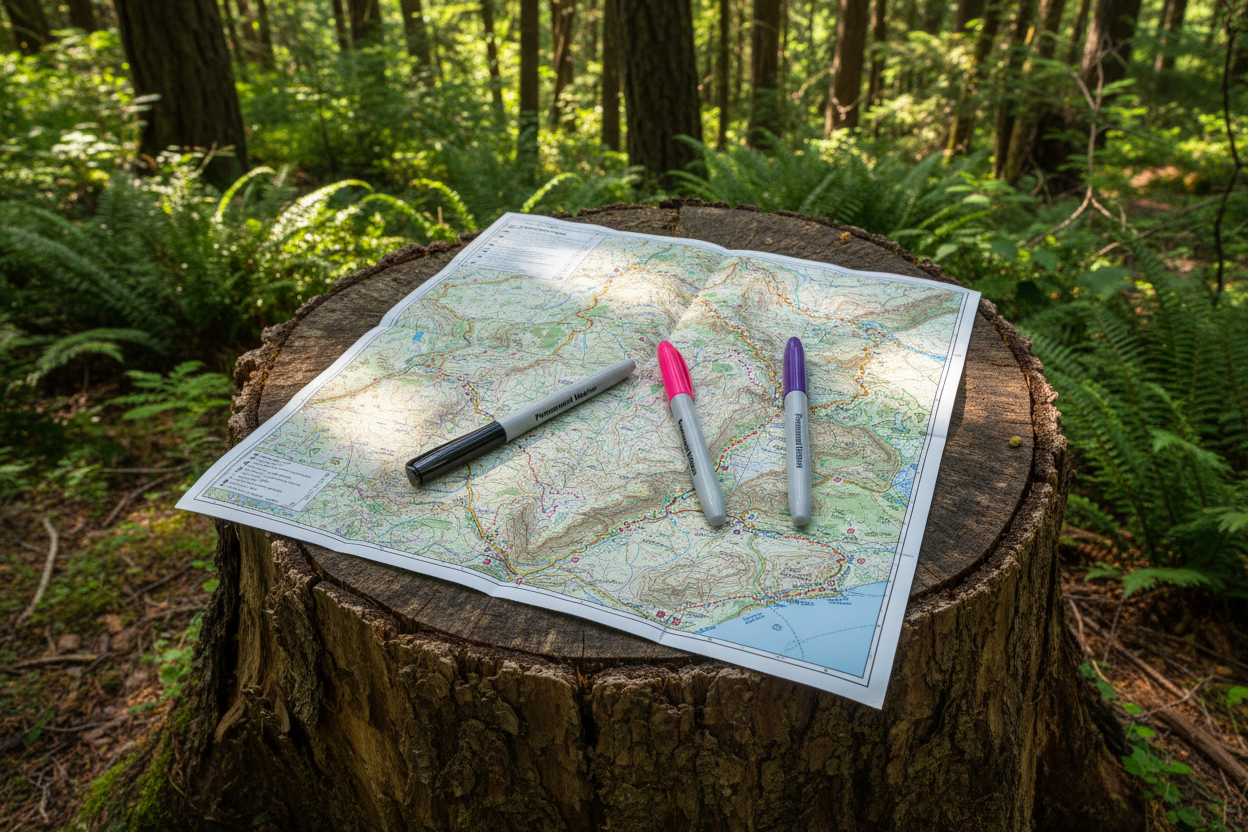 Markers on a topographic map on a tree stump along a hiking trail