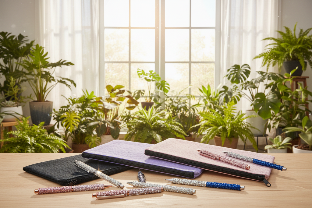 Canvas pencil bags on a table in a sunroom full of plants with rhinestone pens scattered among them