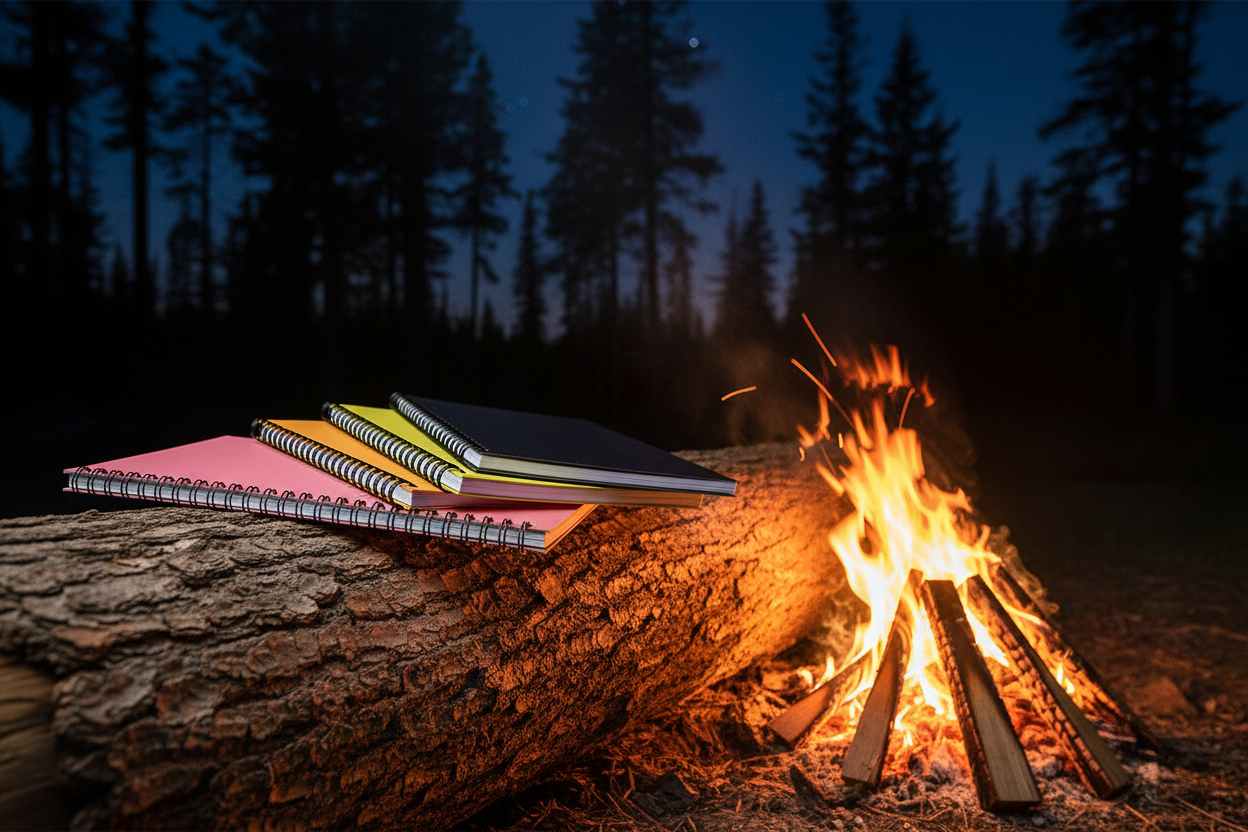 Colorful spiral notebooks on a log next to a campfire at a camping spot