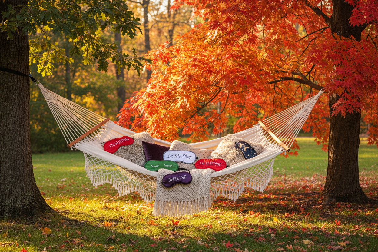 Sleep masks on a hammock with a large maple tree beside it