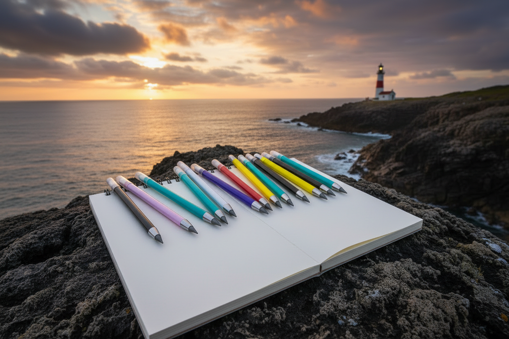 Everlasting pencils in multiple colors arranged on a sketch pad on a rocky cliff overlooking a lighthouse