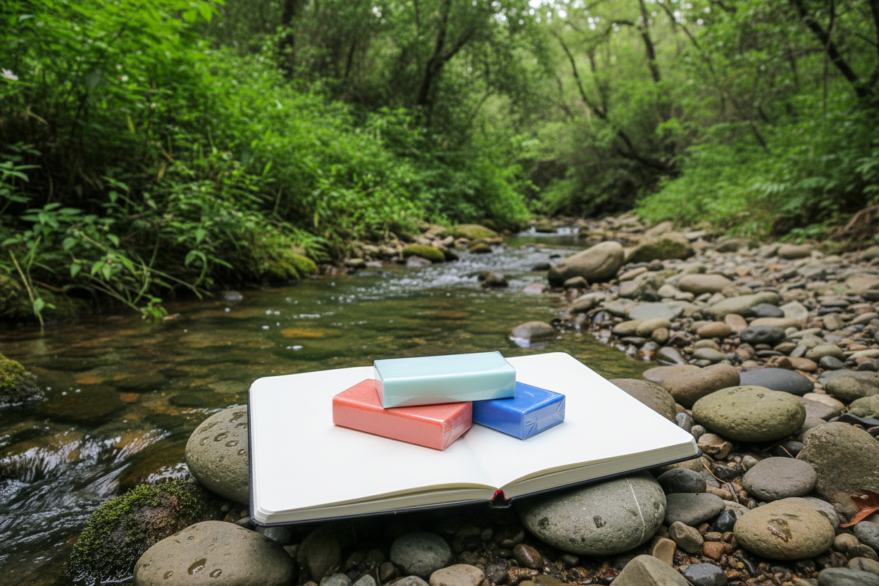 Erasers on an open sketchbook resting on river stones beside a rocky creek