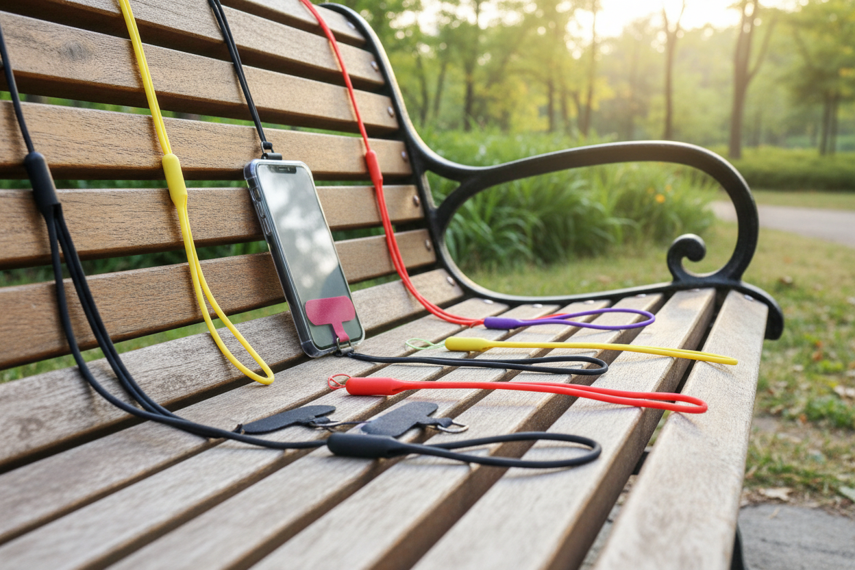 Silicone cell phone lanyards on a park bench outdoors with one lanyard attached to a smartphone
