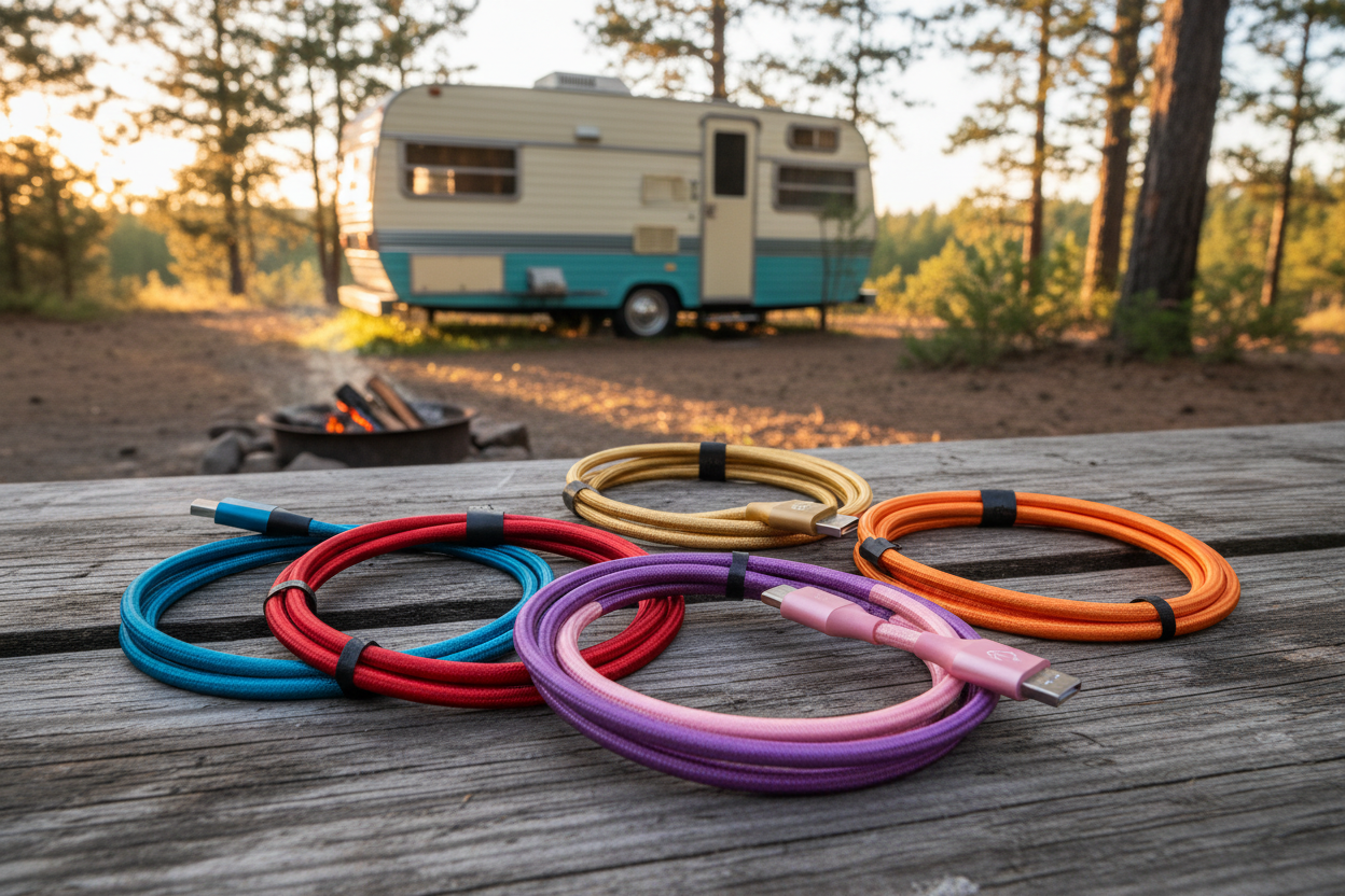 Six braided USB-C charging cables in blue, red, gold, purple, pink, and orange on a wooden picnic table in front of a camper