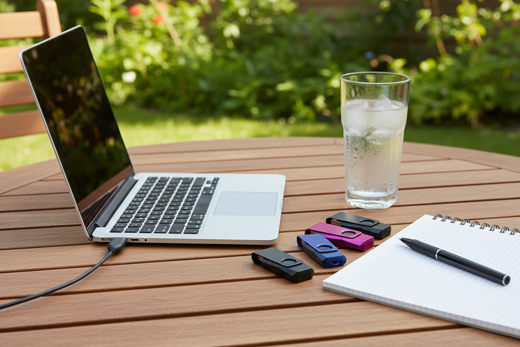 USB flash drives on an outdoor deck table with one plugged into a laptop, a drink, and a notebook