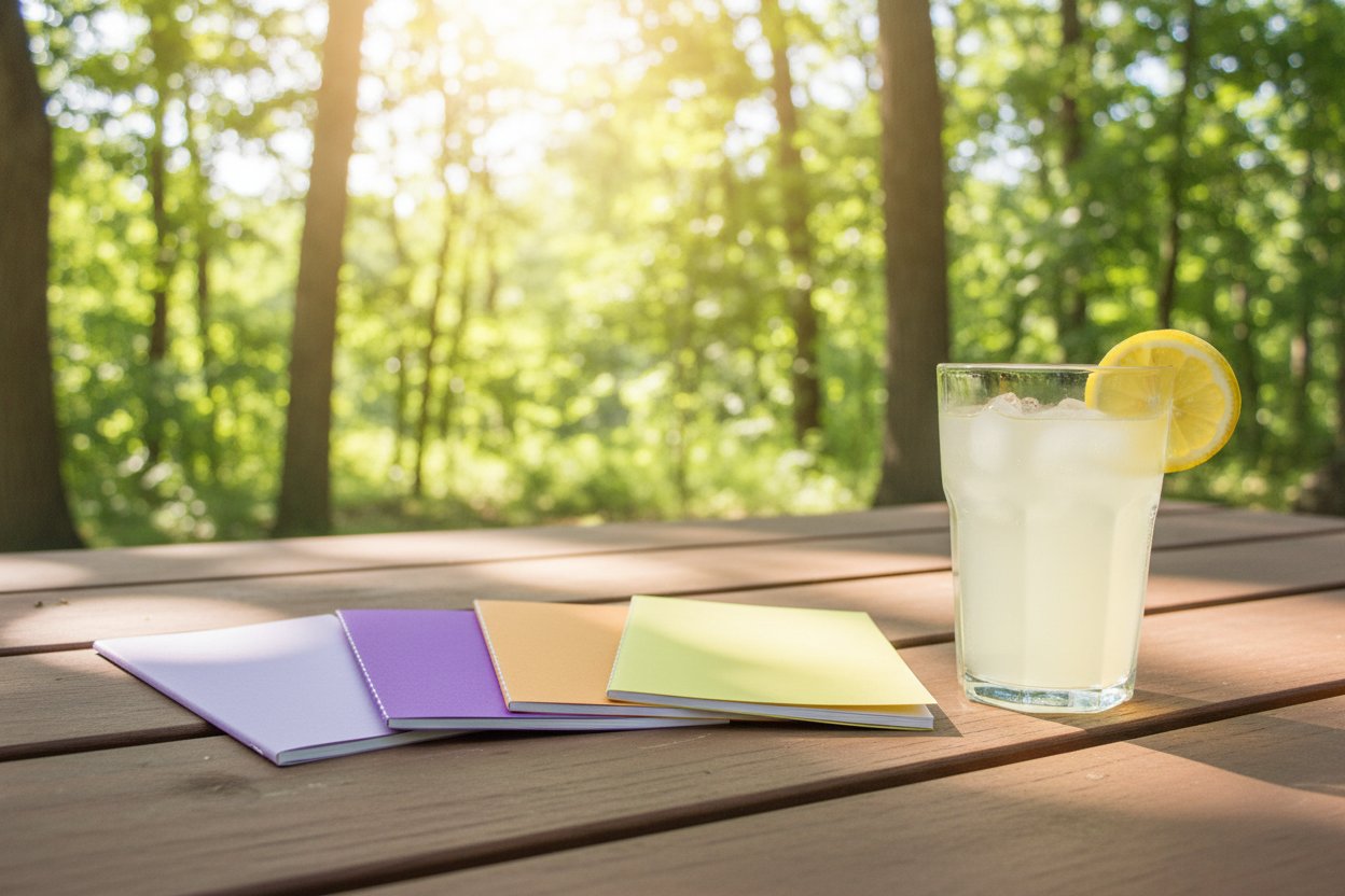 Pocket notebooks on a picnic table with a large glass of lemonade and trees around