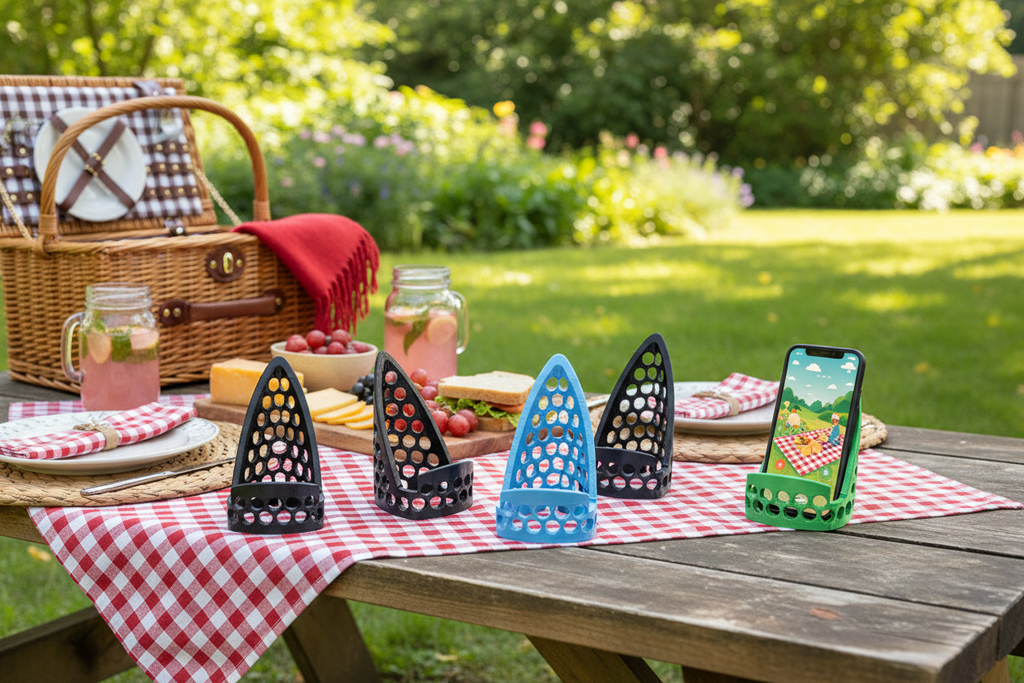 3D-printed geometric cell phone stands on a picnic table with picnic spread and a smartphone in one of the stands
