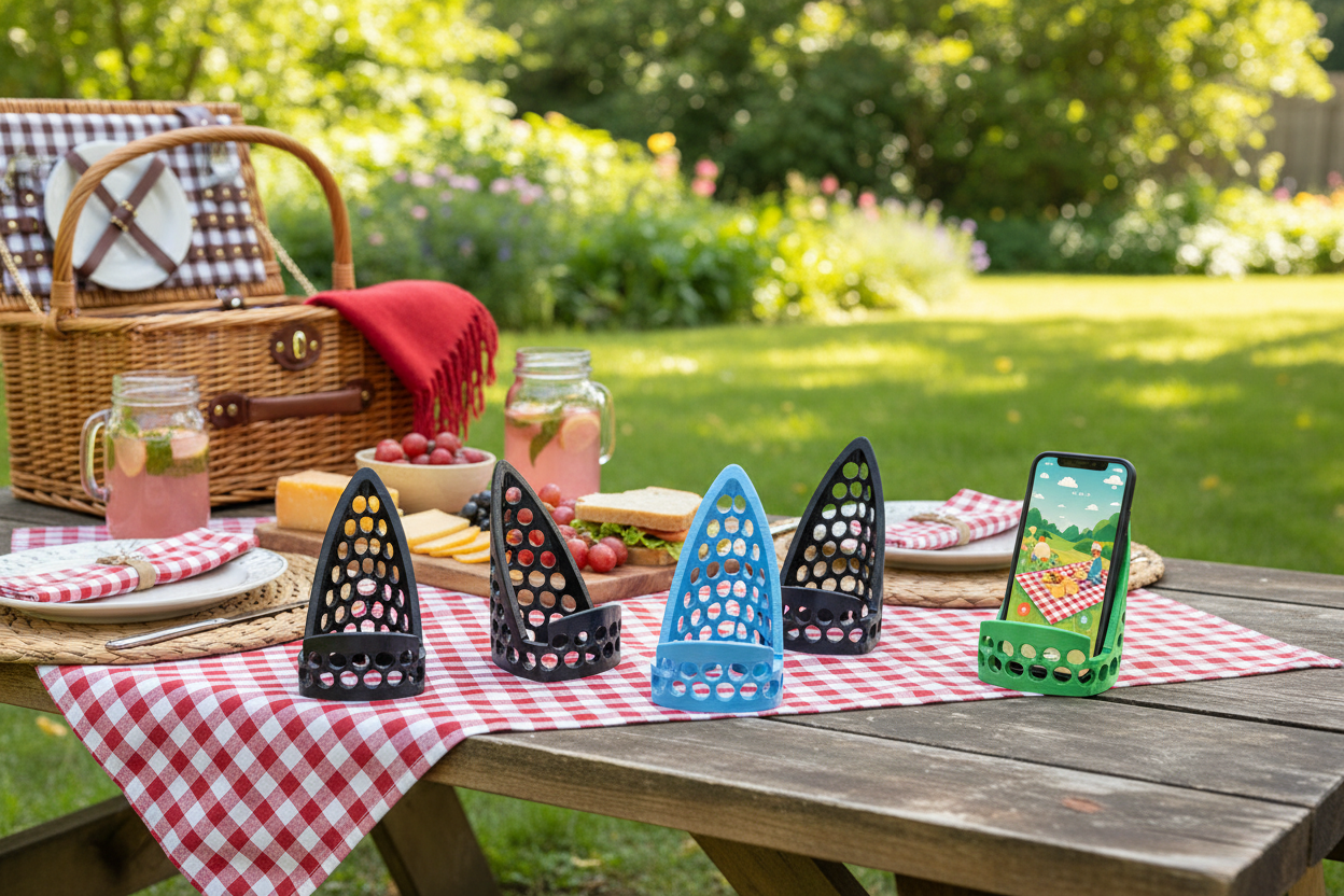 3D-printed geometric cell phone stands on a picnic table with picnic spread and a smartphone in one of the stands