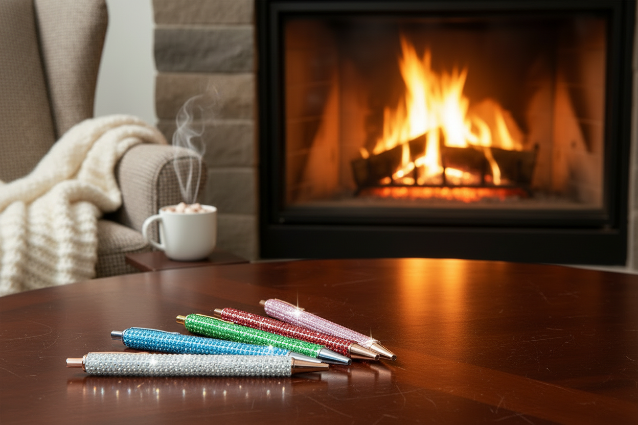 Sparkling rhinestone crystal pens in multiple colors on a coffee table in front of a cozy fireplace with a mug of hot cocoa nearby