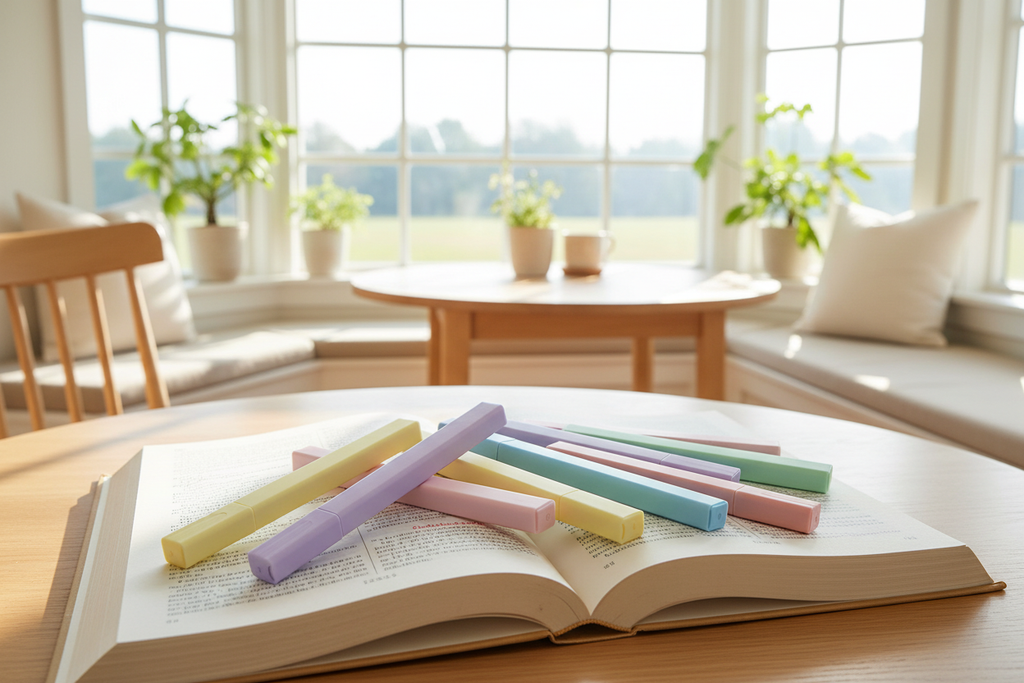 Pastel highlighters in pink, purple, yellow, blue, green, beige, and dusty rose on an open study book in a bright breakfast nook with large windows