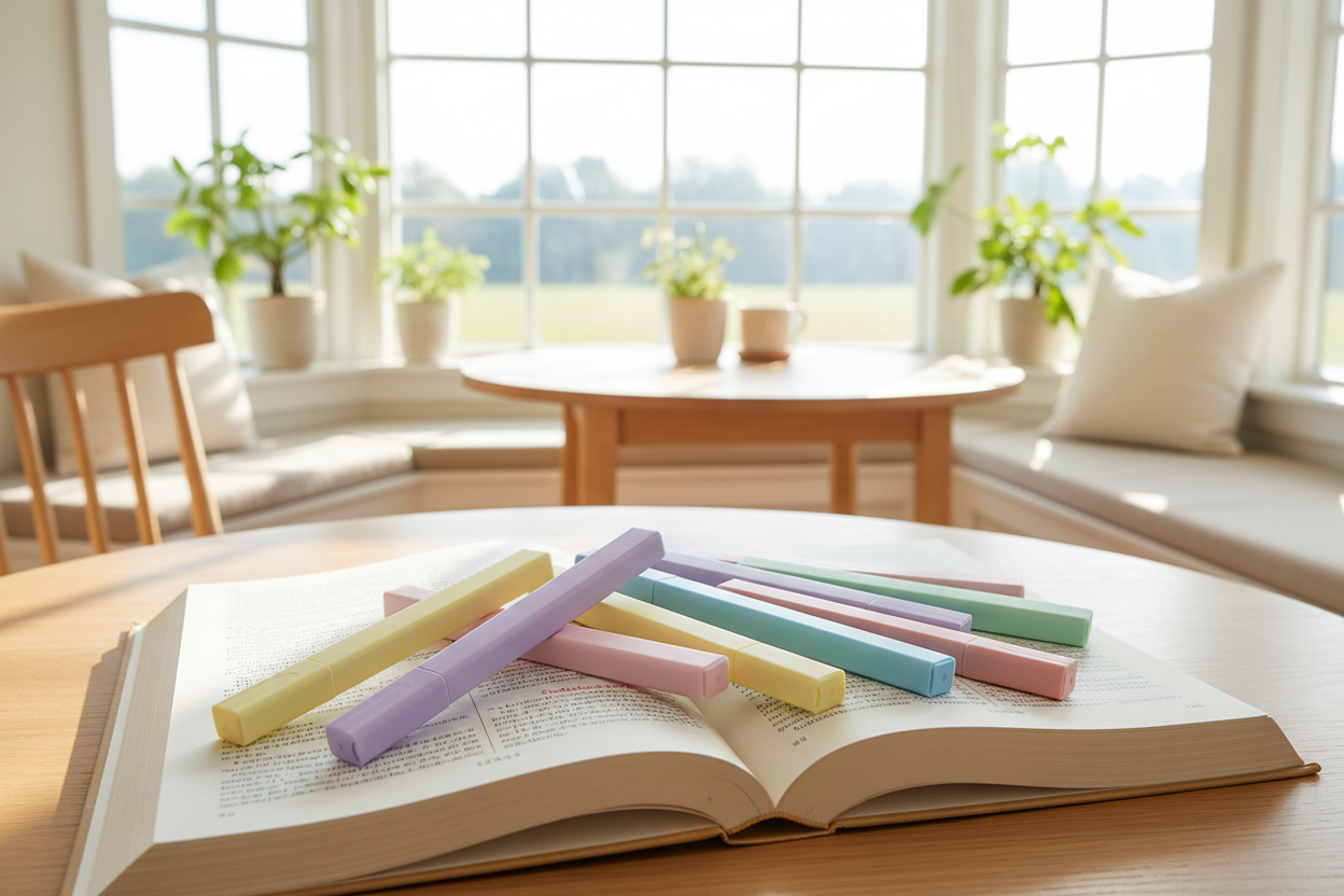 Pastel highlighters in pink, purple, yellow, blue, green, beige, and dusty rose on an open study book in a bright breakfast nook with large windows