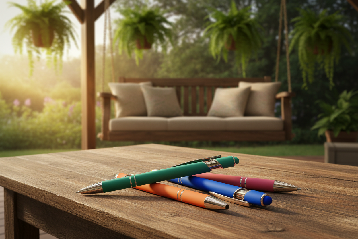 Colorful stylus pens on a porch table with swing and hanging plants
