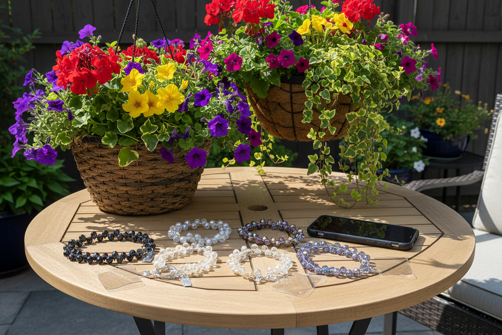 Luxury rhinestone phone lanyards in black, white, champagne, multicolor, and gray on a patio table with a cell phone and hanging flower baskets