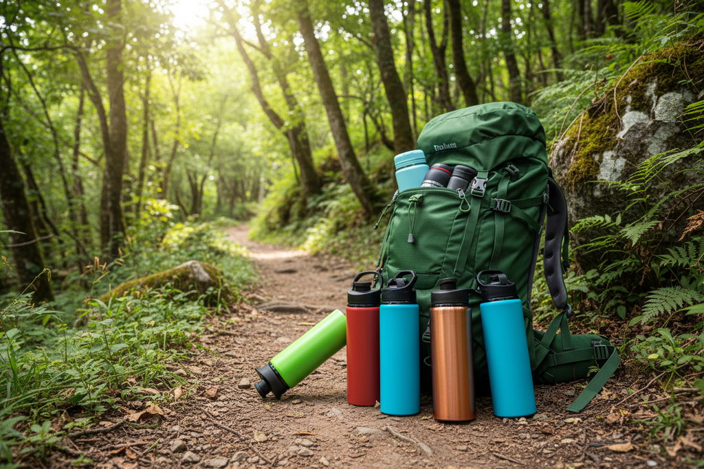 Water bottles on a hiking trail next to a hiking backpack