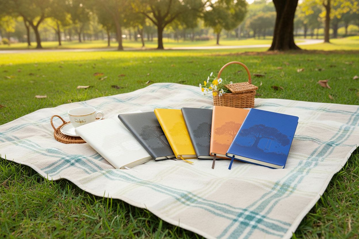 Colorful pocket journals on a picnic blanket in a sunny park