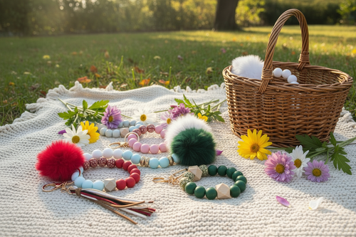 Beaded keychains with pompoms on a blanket with a basket and flowers, featuring a green keychain with dark green puff