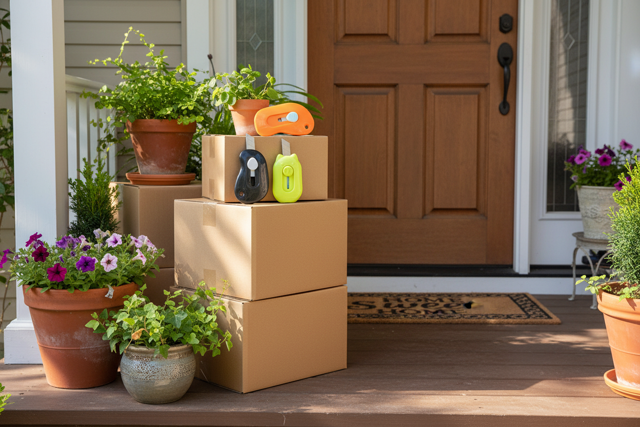 Utility knives placed on cardboard boxes in front of a home front door with potted plants on the porch