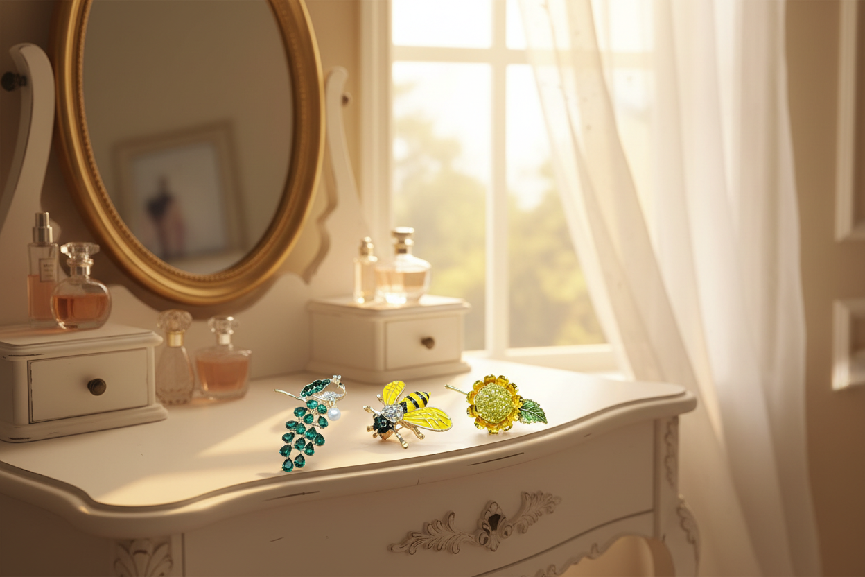 Vintage rhinestone peacock, bee, and sunflower brooches arranged on a sunny bedroom dressing table with mirror and perfume bottles