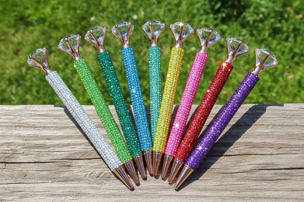 Glitter rhinestone diamond pens in white, green, teal, blue, yellow, gold, pink, red, and purple sparkling in bright natural sunlight outdoors