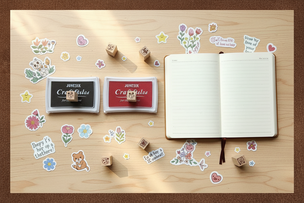 Colorful ink pads and wooden stampers on a craft table with an open journal and decorative stickers scattered around