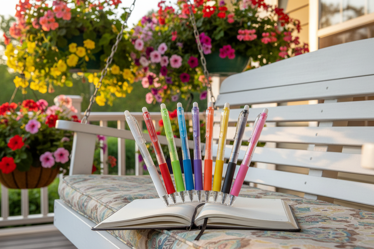 Retractable erasable gel pens in multiple colors arranged on an open journal on a porch swing with hanging flower baskets