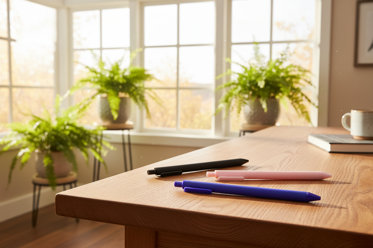 Gel pens on a desk in a sunroom with potted ferns