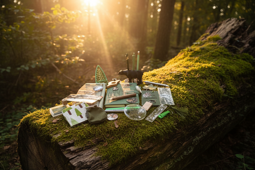 Log Bundle on a Big Log in a Sunlit Forest
