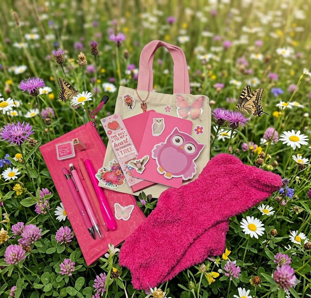 Pink tote bag, notebook, pen, and socks on a grassy field with flowers and butterflies.