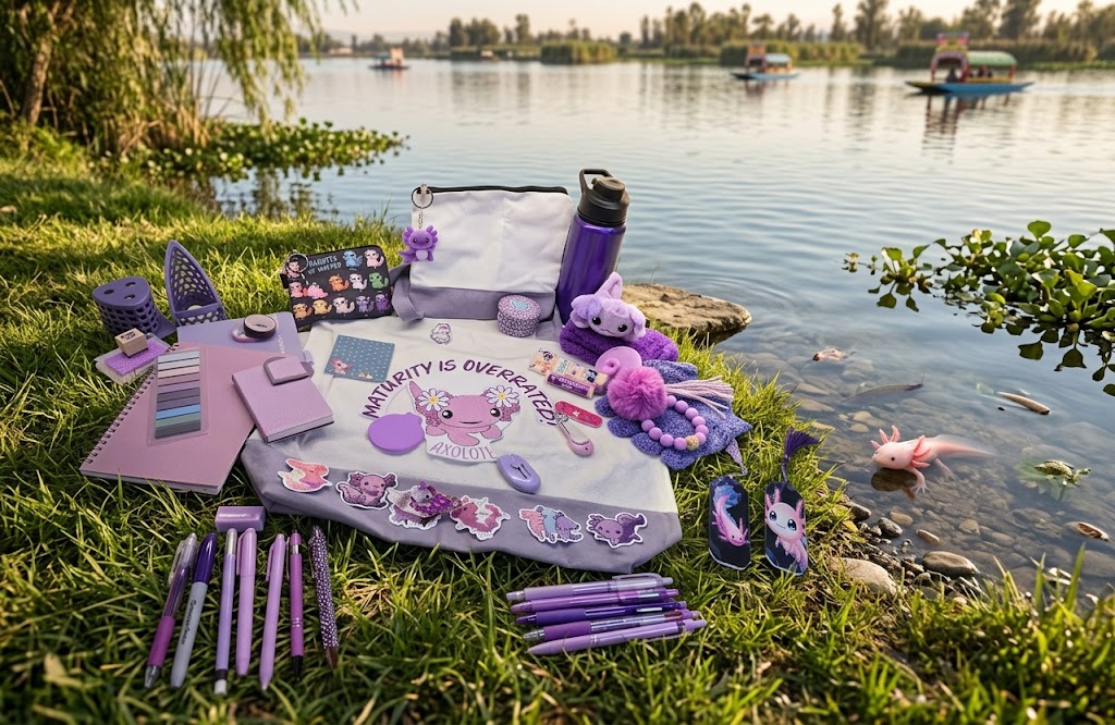A coordinated purple and pink stationery and accessory set arranged on grass beside a lake, including notebooks, pens, a water bottle, a pouch, stickers, and plush accessories. A real outdoor lakeside environment is clearly visible, so this is Lifestyle rather than Product/Packaging.
